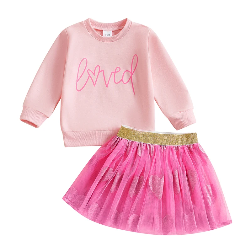 Toddler Girls Valentine’s Day Outfits Long Sleeve Letter Print/Embroidery Sweatshirt + Tulle Skirt Set Baby Clothes