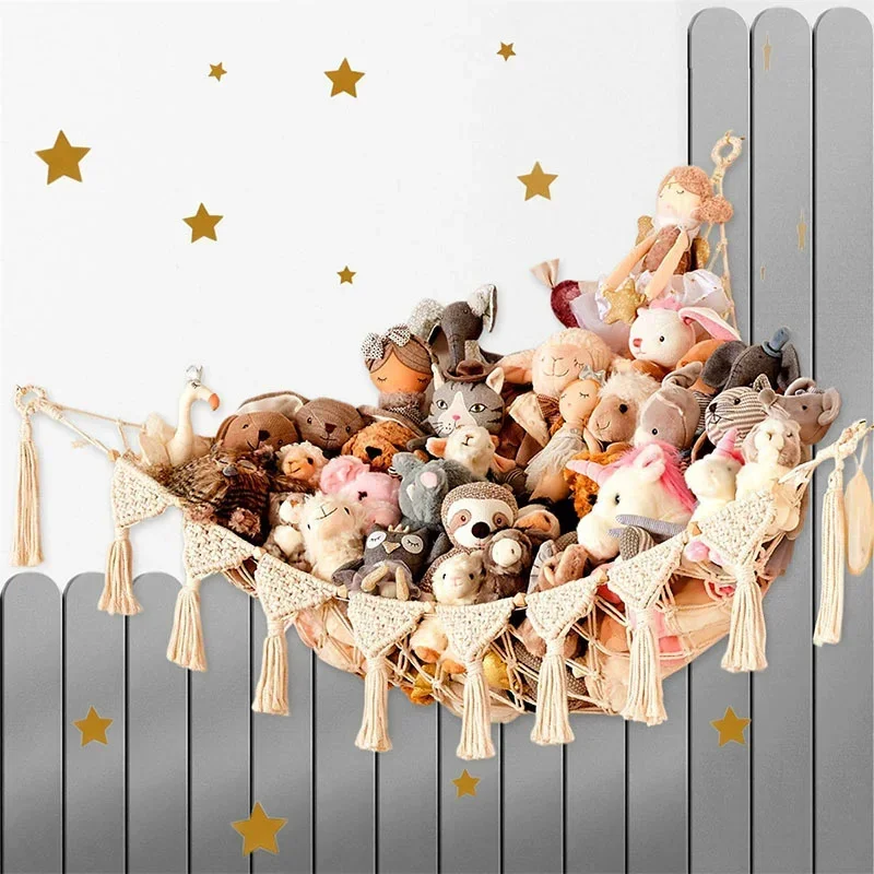 

Handwoven Wooden Home Decor Large Macrame Cat Toy Hammock Hanging Swing Pocket Basket Triangle Plush Toy Storage Accessories