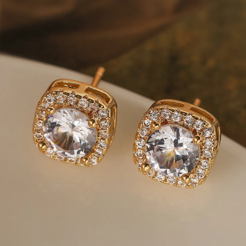 Simple and Exquisite Copper 18K Gold Plated Zircon Square Earrings for Women, Niche Retro Versatile Ear Jewelry