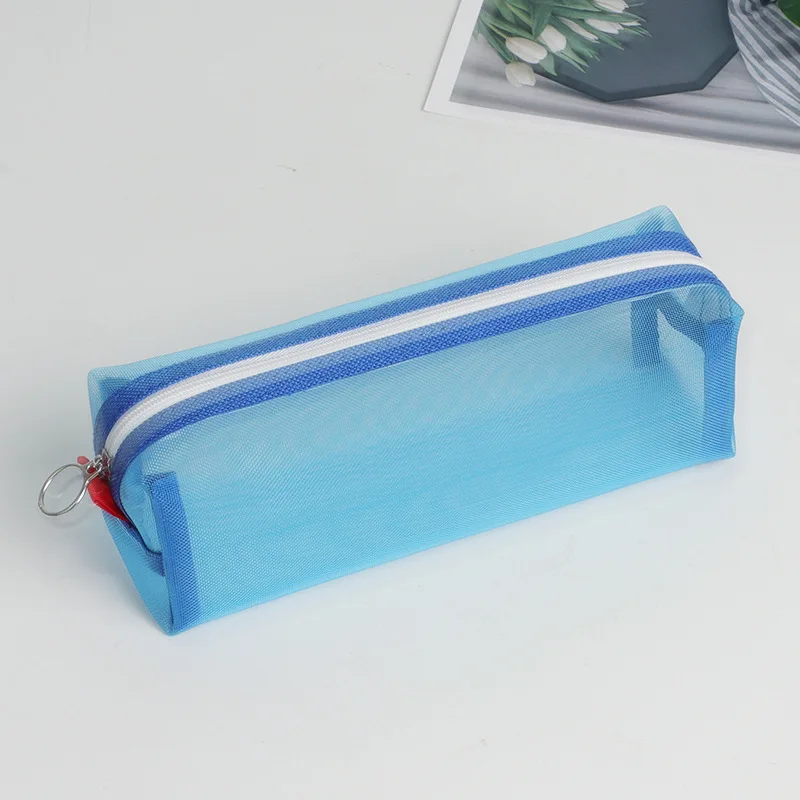 Solid Color Transparent Mesh Pencil Case School Student Supplies Zipper Pencil Bag Pen Box Stationery Storage Bag