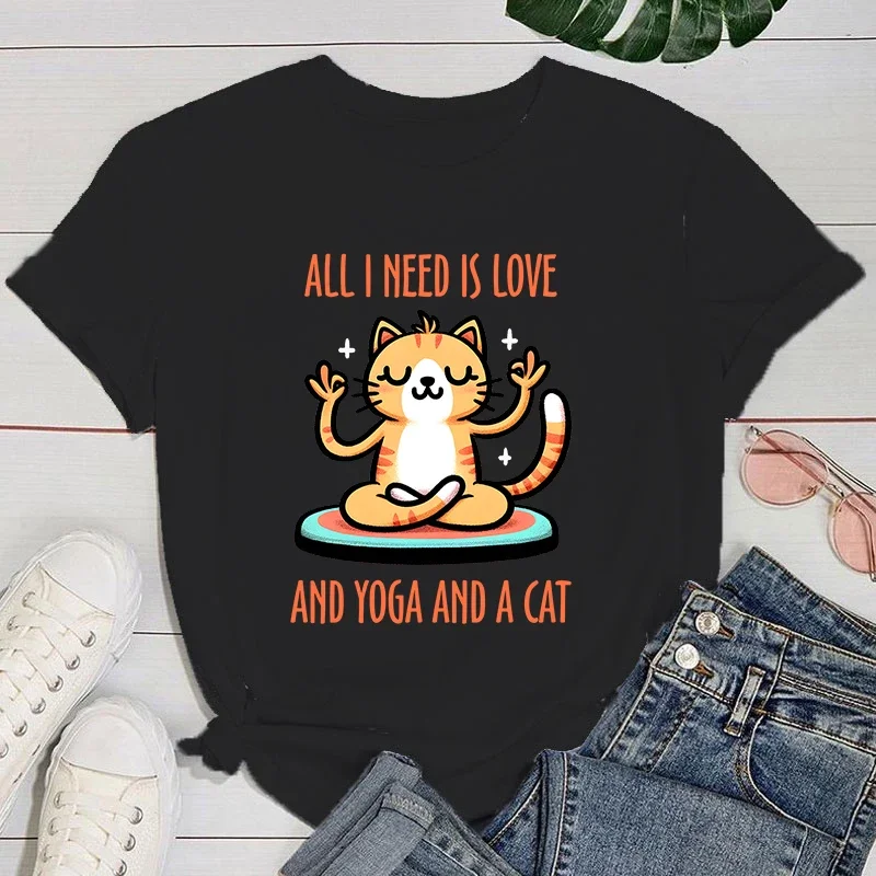 yogo T shirt All I Need Is Love And Yoga And A Cat Print Short Sleeve T Shirts Women T Shirts Summer Short Sleeved Male T-Shirts