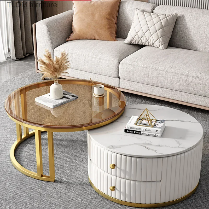 Nordic Glass Coffee Table Living Room Wooden Embedded Drawers Low Table Luxury Floor Hall countertop Central Design Furniture