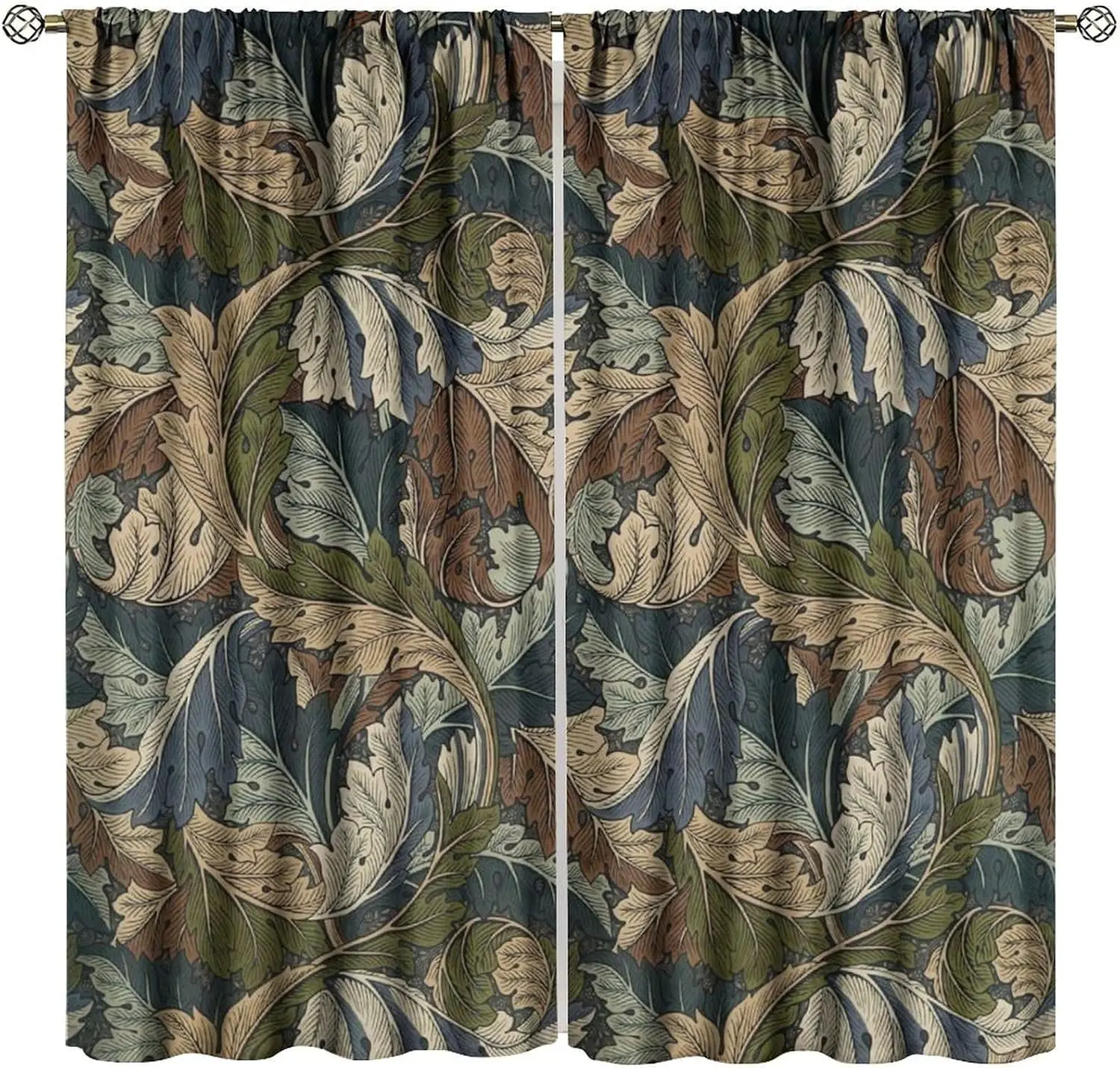 Antique Swirl Leaf Botanical Print Blackout Rod Pocket Curtain Muted Earth Tone Soft Classic Homestay Bedroom Rest Bay Window