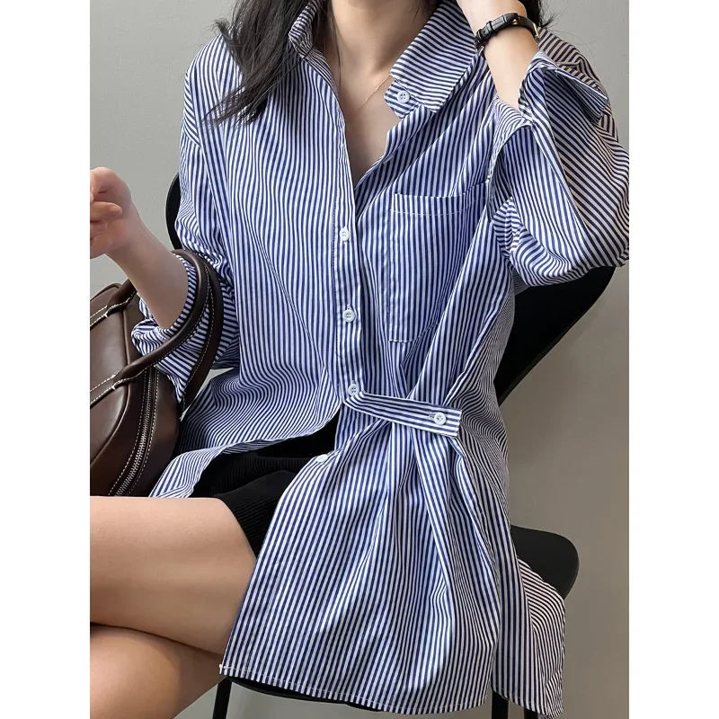 

French Striped Blouses Women Cotton Shirts Spring Long-sleeved Fashion Rear Slit Shirt Pocket Button Up Asymmetrical Niche Tops