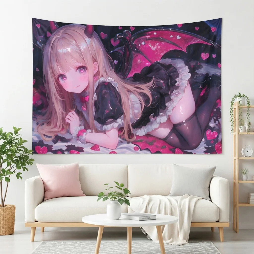 Kawaii Demon Anime Girl Tapestry Gothic Lolita Devil Wings Wall Hanging Pink Heart Wall Tapestry Bedroom Background Decor Cloth