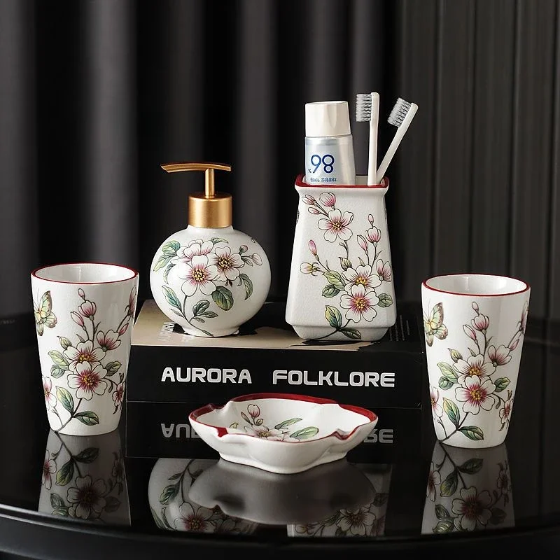 Chinese style Ceramic Bathroom Wash Set Mouthwash cup Lotion bottle tray Aromatherapy plate Begonia flower pattern home decor