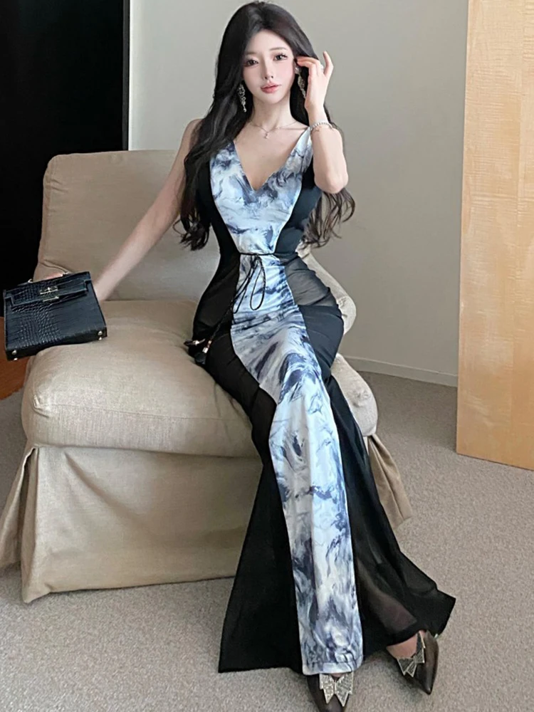 Women Print Mesh Patchwork Sheer Sexy Sling Long Dress 2025 Korean Vintage Luxury Evening Dress Summer Elegant Bodycon Vestidos