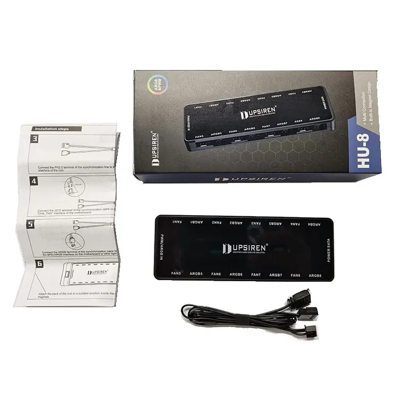 UPSIREN HU-8 Chassis Fan Hub，8 Sets of ARGB and PWM Interfaces,Bottom magnetic design，Support motherboard synchronization