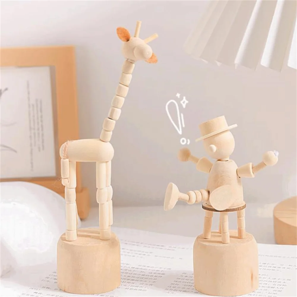 Cartoon Wooden Movable Puppet Dancing Ornaments Desktop Figurine Home Decoration Clown Giraffes Elephants Dog Statue Kid Gifts