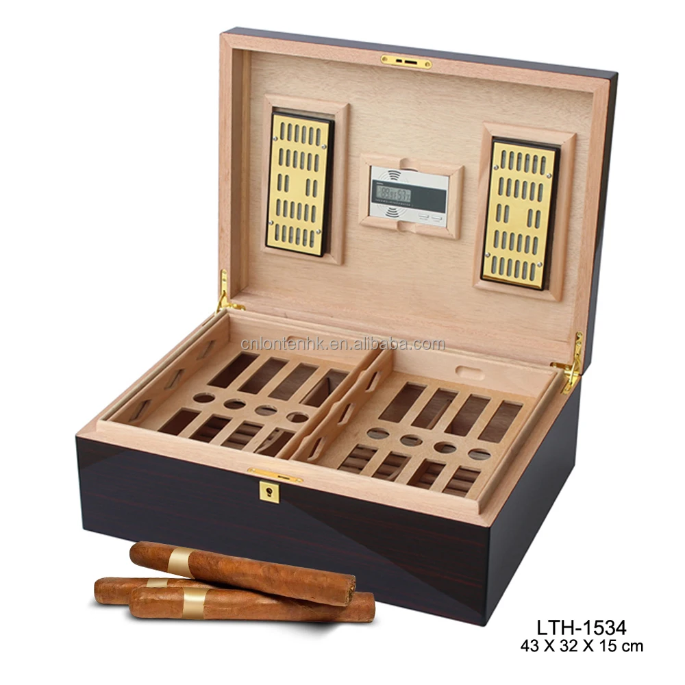 High glossy finished  luxury wooden cigar humidor with digital hygrometer and humidifiers big  box