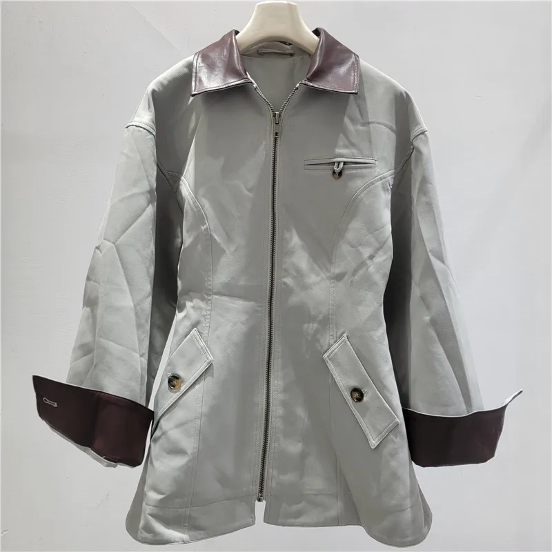 

Women PU Leather Coats Spliced Jackets Pocket Zipper Long Sleeves Turn Down Collar Slight Strech Loose Streetwear 2026 Spring
