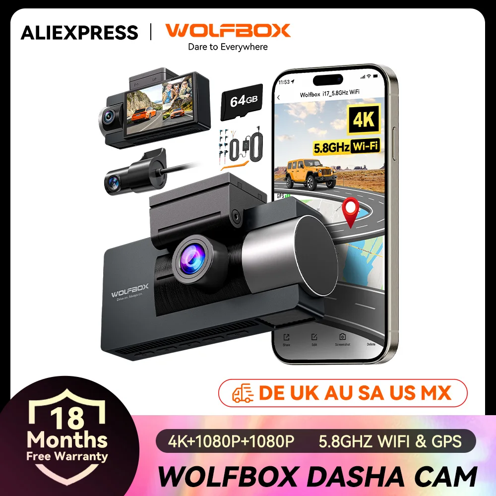 WOLFBOX 4K 3 Lens Dash Camera 3 Cameras Dashcam 5G Wifi Car DVR App Control Car Cam Recorder Front/Cabin/Rear GPS Night Vision