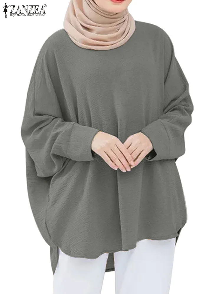 

ZANZEA Fashion Turkey Muslim Shirt Woman O Neck Long Sleeve Blouse Elegant Solid Tunic Tops Casual Islamic Clothing Oversized