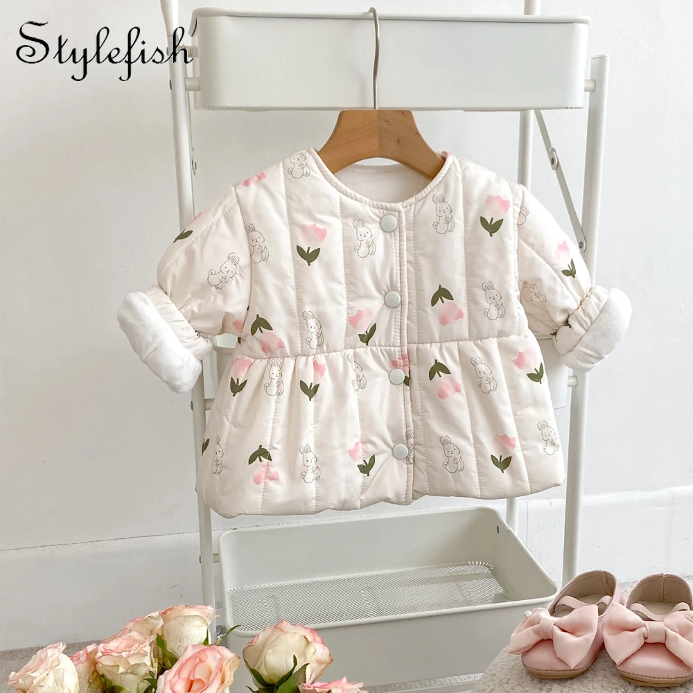 Autumn and winter new baby clothes 0-3 years old baby clothes baby girls rabbit pressed cotton long-sleeved outdoor clothes