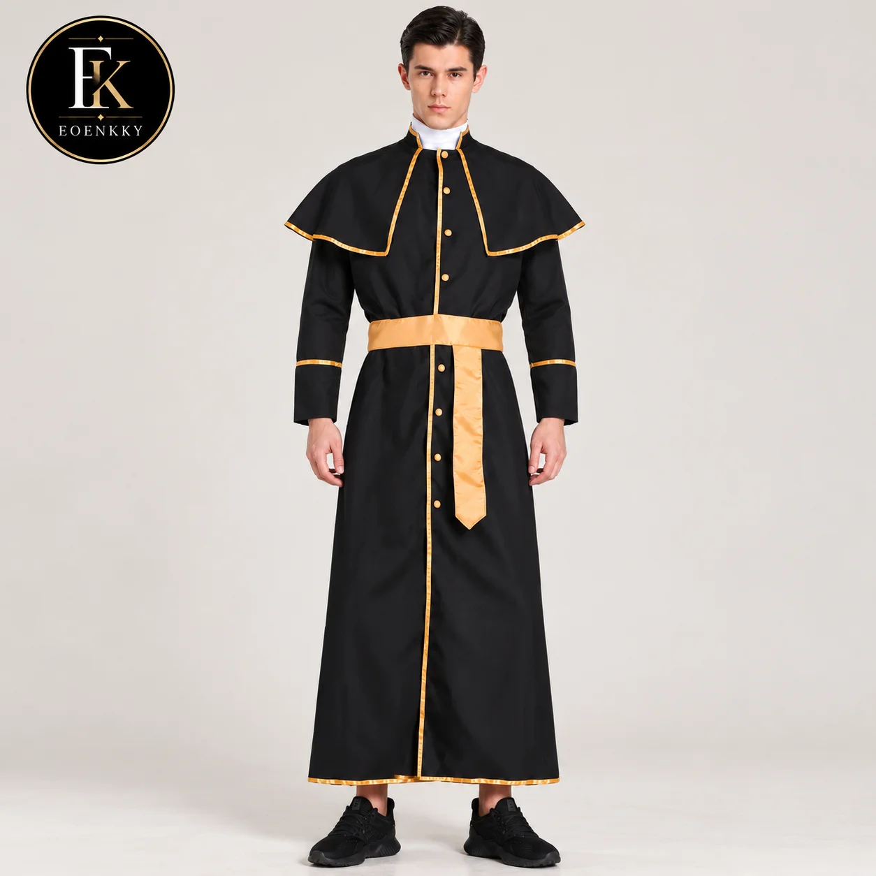 EOENKKY Men's Priest Costume Black Gold Clergy Robe Halloween Cosplay Outfit with Cross Cape Belt Medieval Church Costume
