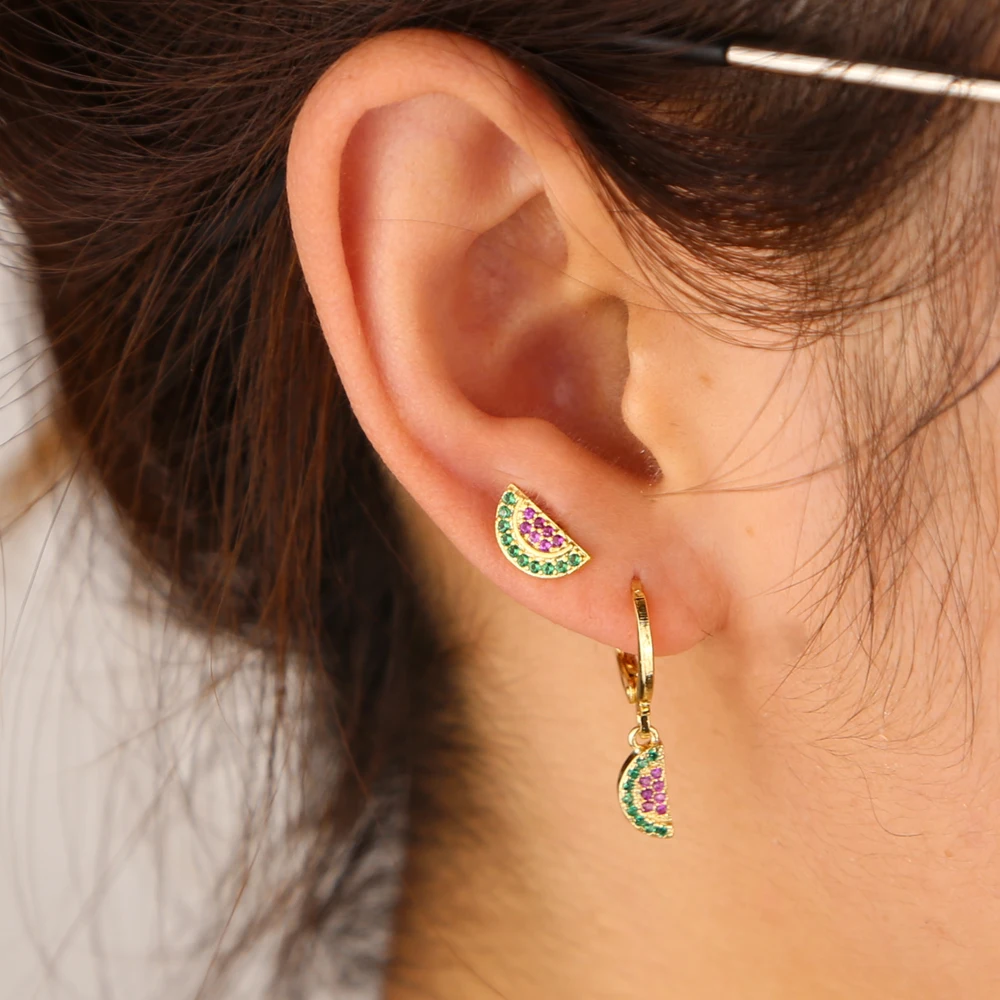 Colorful Zircon Watermelon Hanging Dangle Hoop Stud Earrings Gold Plated Iced Out Hip Hop Women Lady Festival Gift Jewelry