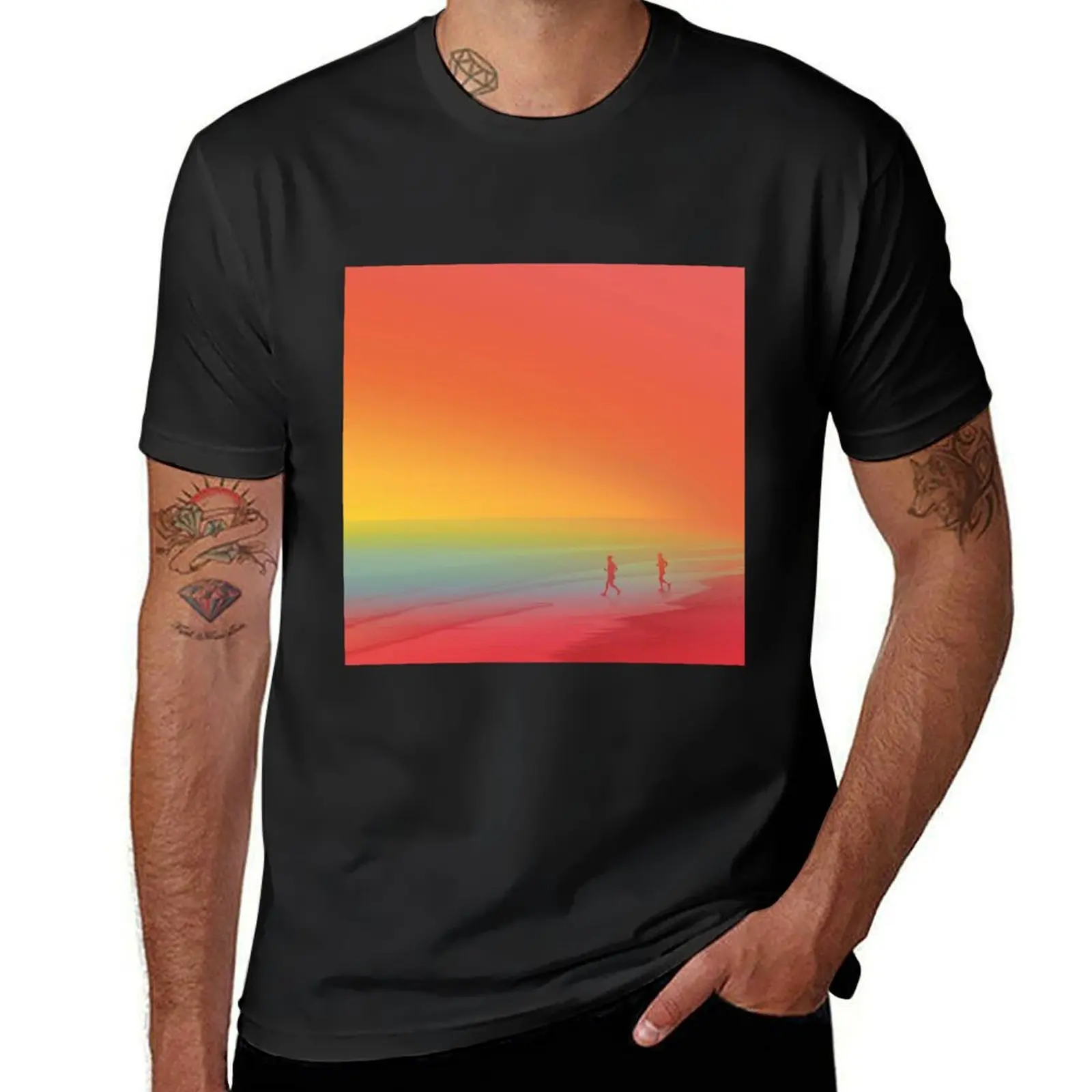 Sunset gradient backdrop runners crossing finish line Active Outdoors Inspired Art T-shirt Aesthetic clothing mens t shirt