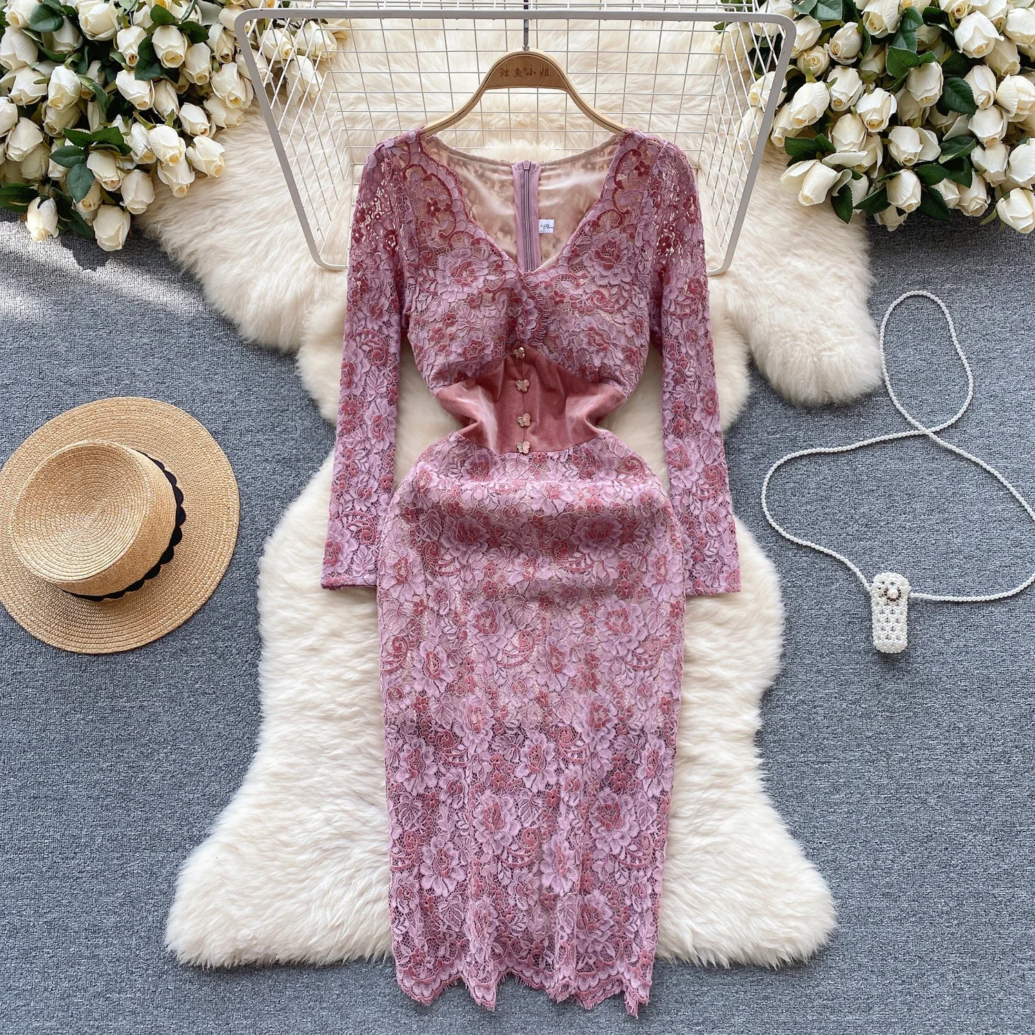 

Women Chic Long Sleeve Lace Hook Flower Sexy Slim Bodycon V Neck Dress Fashion Tight Vestido Elegant Slim Dresss