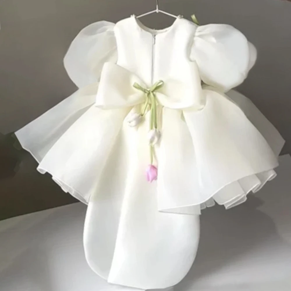 Elegant Flower Baptism Party Girl Dress Wedding Bridesmaid Birthday Princess Prom Dresses Girl Bow Host First Communion Costumes