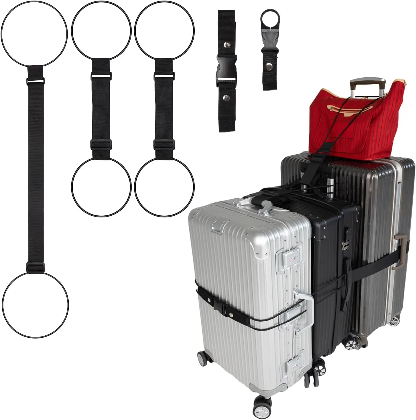

Luggage Straps 3 Pack for Suitcases, Adjustable Elastic Ropes with Buckle and Bottle Clip for Securing Bags