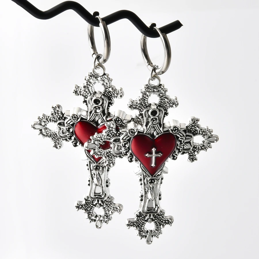 Picture 6: Gothic  Flower Large Cross Y2K Women Hoop Earrings Halloween Witchcraft Crucifix Ear Aretes Aesthetic Boucle Oreille Jewelry