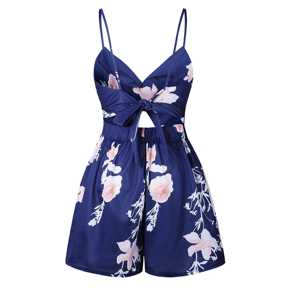 Dames bloemen spaghettibandje meisje uitgesneden shorts backless strik romper jumpsuit