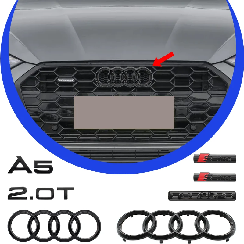 

4 Ring Logo ABS Car Hood Front Bonnet Grill Rear Trunk Emblem For A5 2010-2019 Sticker A5 Mark Quarrto S line Emblem Accessories