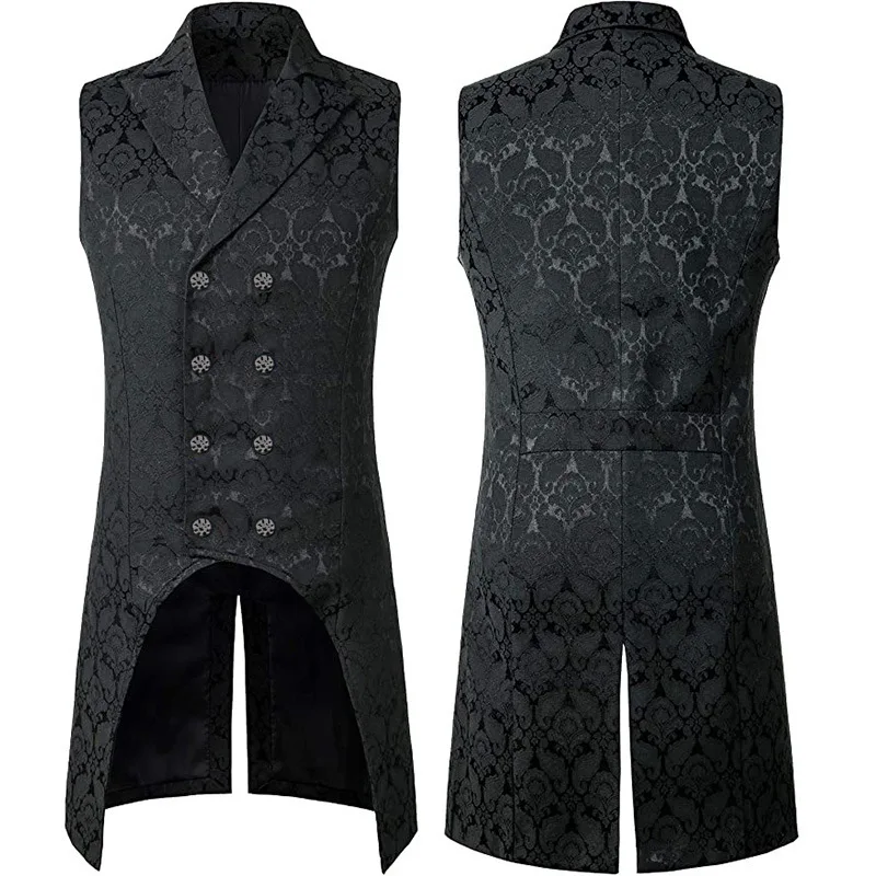 Mens Gothic Steampunk Black Long Vest Floral Jacquard Double Breasted Waistcoat Men Punk Rock Stage Medieval Cosplay Costume