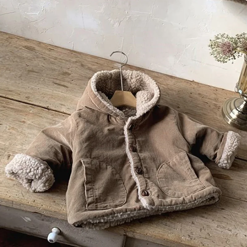 Baby Hooded Coat Corduroy Lambswool Padded Boy\'s Jacket 2023 Winter New Girl\'s Hooded Coat Casual Cardigan Coat