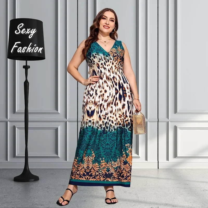 

XL-5XL Plus Size Dresses Women Clothing Summer 2023 Leopard Fashion Printing Bohemia Sleeveless V Neck Casual Loose Long Dress