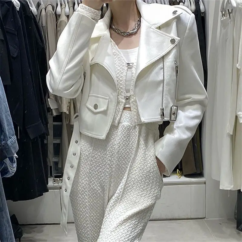 

Short Moto&biker Coat Women Spring Autumn Korean Leather Fashion Trend White Tops Mujer Ropa Mujer Roupas Femininas