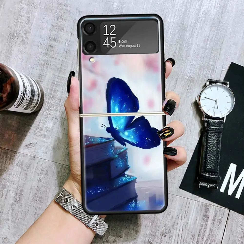 Blue Butterfly Beautiful Wing For Samsung Galaxy Z Flip 6 5 4 3 5G Black Phone Case Flip6 Flip5 Flip4 Flip3 Cover Shockproof Har