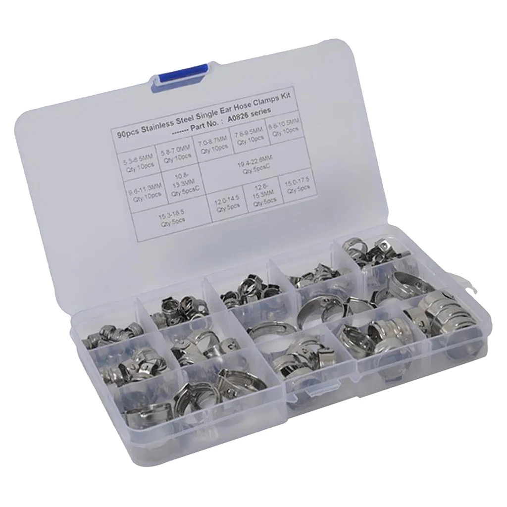 90x Universal Stainless Steel Single Ear Hydraulic Fuel Hose Clamps O Clips 12 Kinds