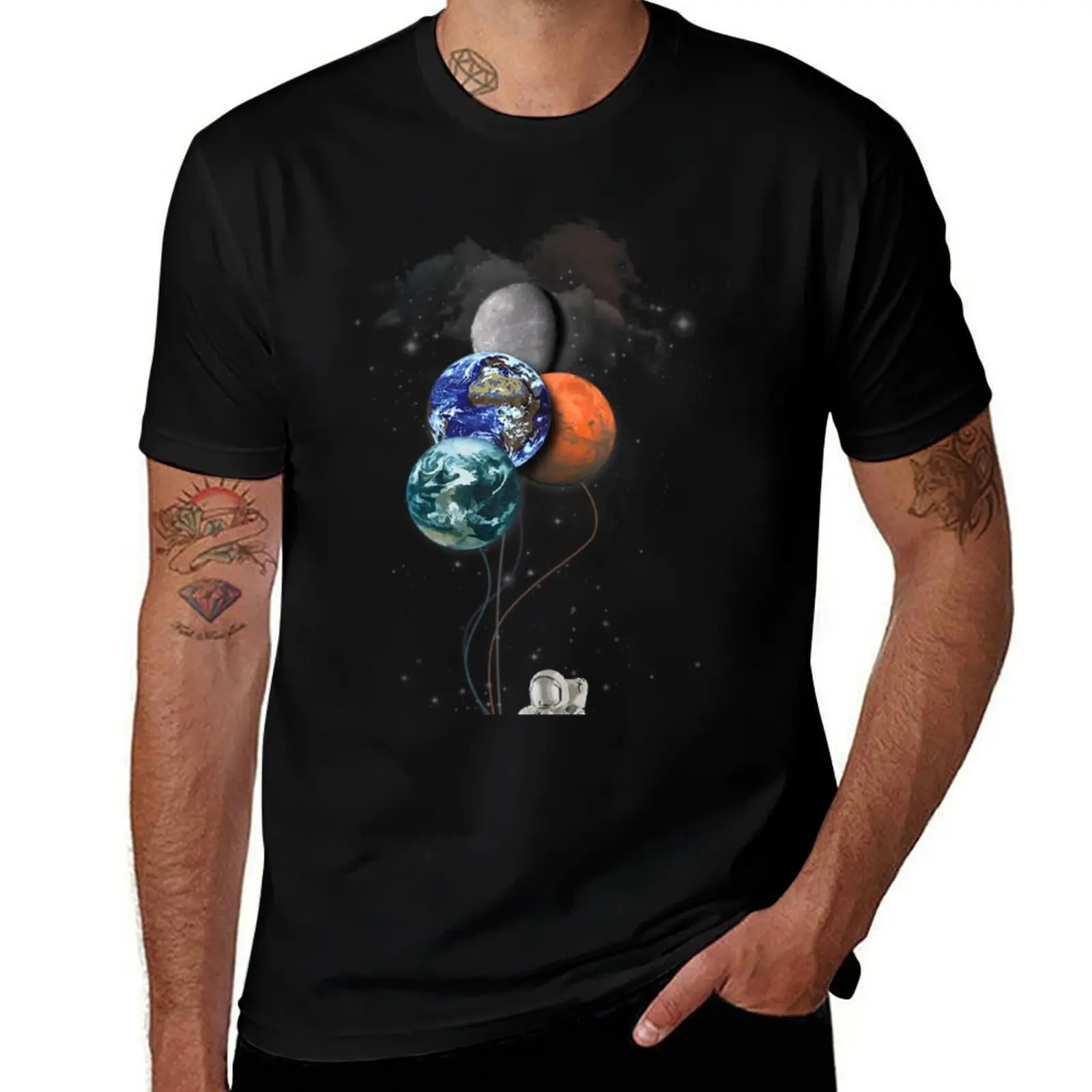 Astronaut Holding Planet Balloons Psychedelic T-Shirt cotton t shirt pack T-Shirt