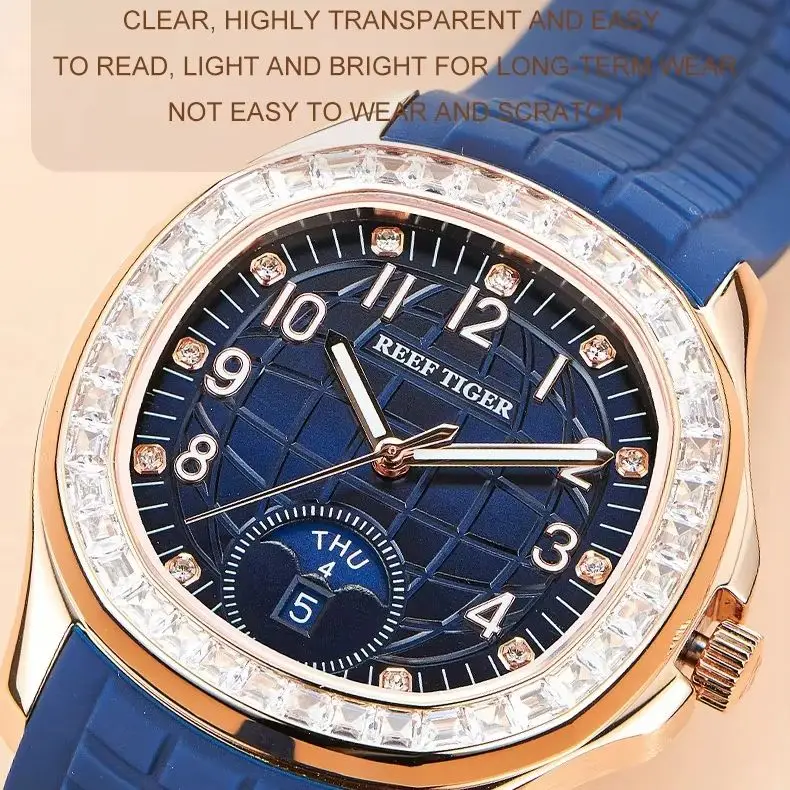 Reef Tiger Men Automatic Watch 39mm Square Mechanical Wristwatch 50M Waterproof Luminous Crystal Bezel Week,Date