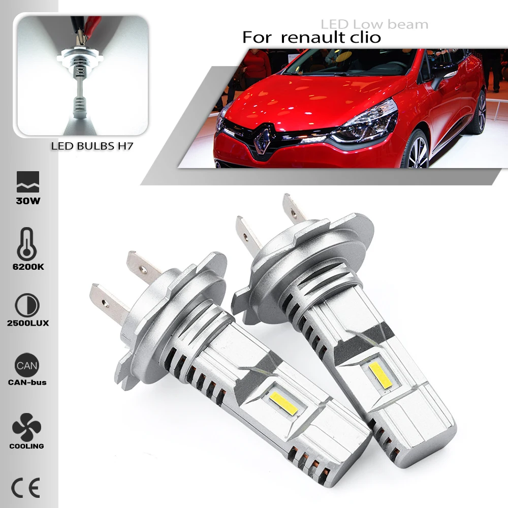 

2PCS H7 Led Bulbs Car Headlights Low Beam 6500K White Auto Lighting For Renault Clio IV BH KH2013- Canbus no adapters Error Free
