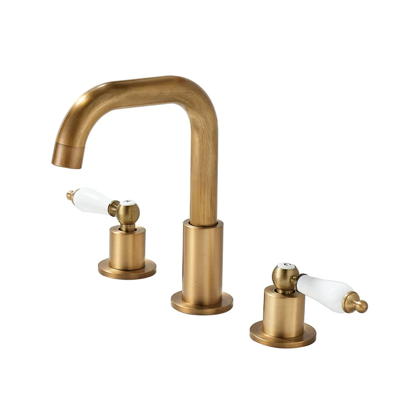 

French retro brass three-hole basin faucet 8 inches, split type hot and cold 3-hole American bathroom faucet