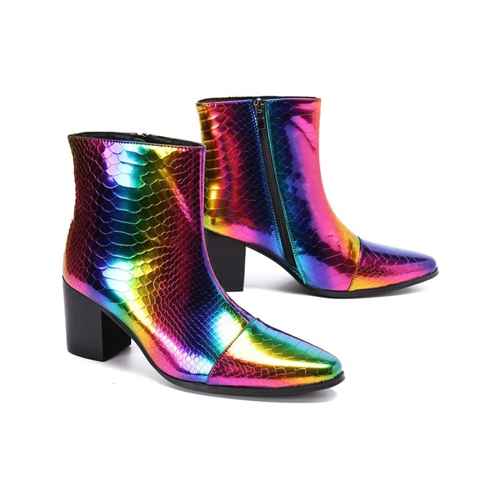 Men Genuine Leather High Heels Boots Color Laser Pointed Toe Club Prom Dance Party Stage Perform Men Zipper Shoes