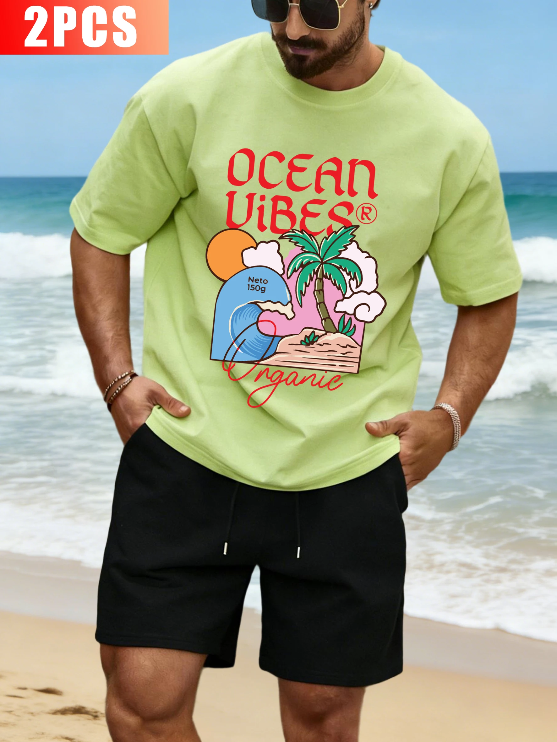 

Ocean Beach Coconut White Clouds Waves Mens T Shirts Suit Cotton O-Neck Top Loose Drawstring Shorts Unisex Summer Simple Tee