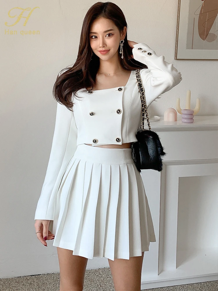 H Han Queen Spring New Two-piece Square Collar Double-breasted Coat +Fashion Mini Pleated Skirt Casual Women's Suit Skirt