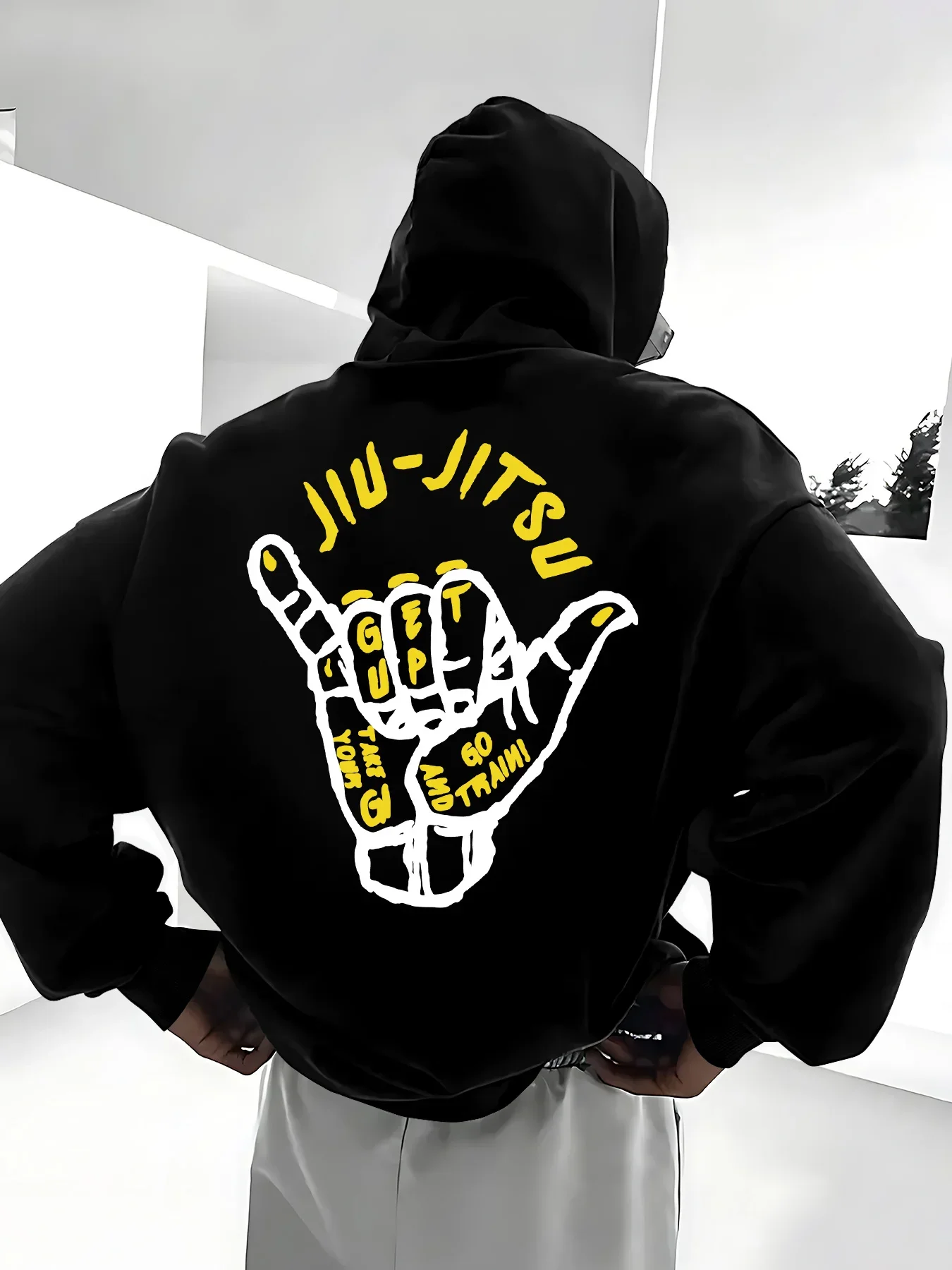 Herren Oversize Hoodie in Schwarz, BJJ Jiu Jitsu Surf Handgestusstraining, Zitat auf der Rückseite, Grafik, Hip Hop Sweatshirt, Streetwear – Detail 8