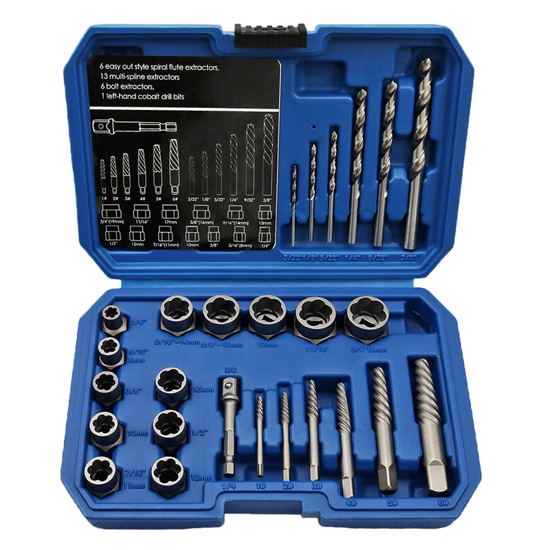 26 PCS Broken Nut Bolt Extractor Tool Set Drill Bits Metal Broken Wire Remove Slippery Silk  Hand Tools Damaged Screws Repair