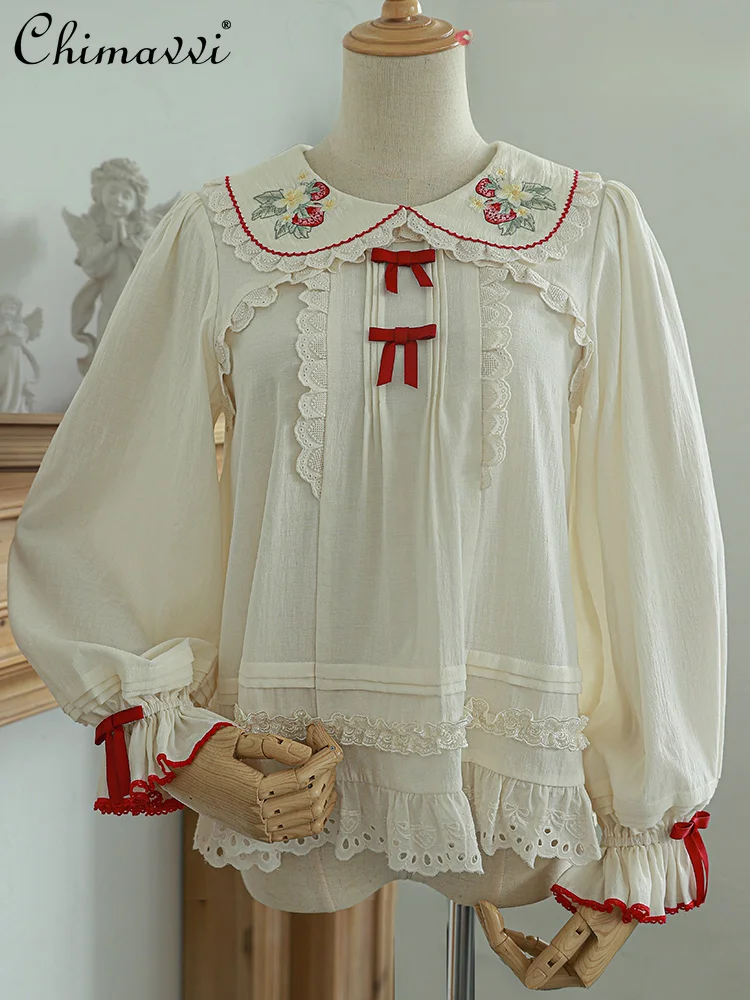 

Original Cute Strawberry Embroidery Lolita Girls Short Sleeve/long Sleeve Shirt Spring Autumn Soft Cotton Blouse Sweet Blusas