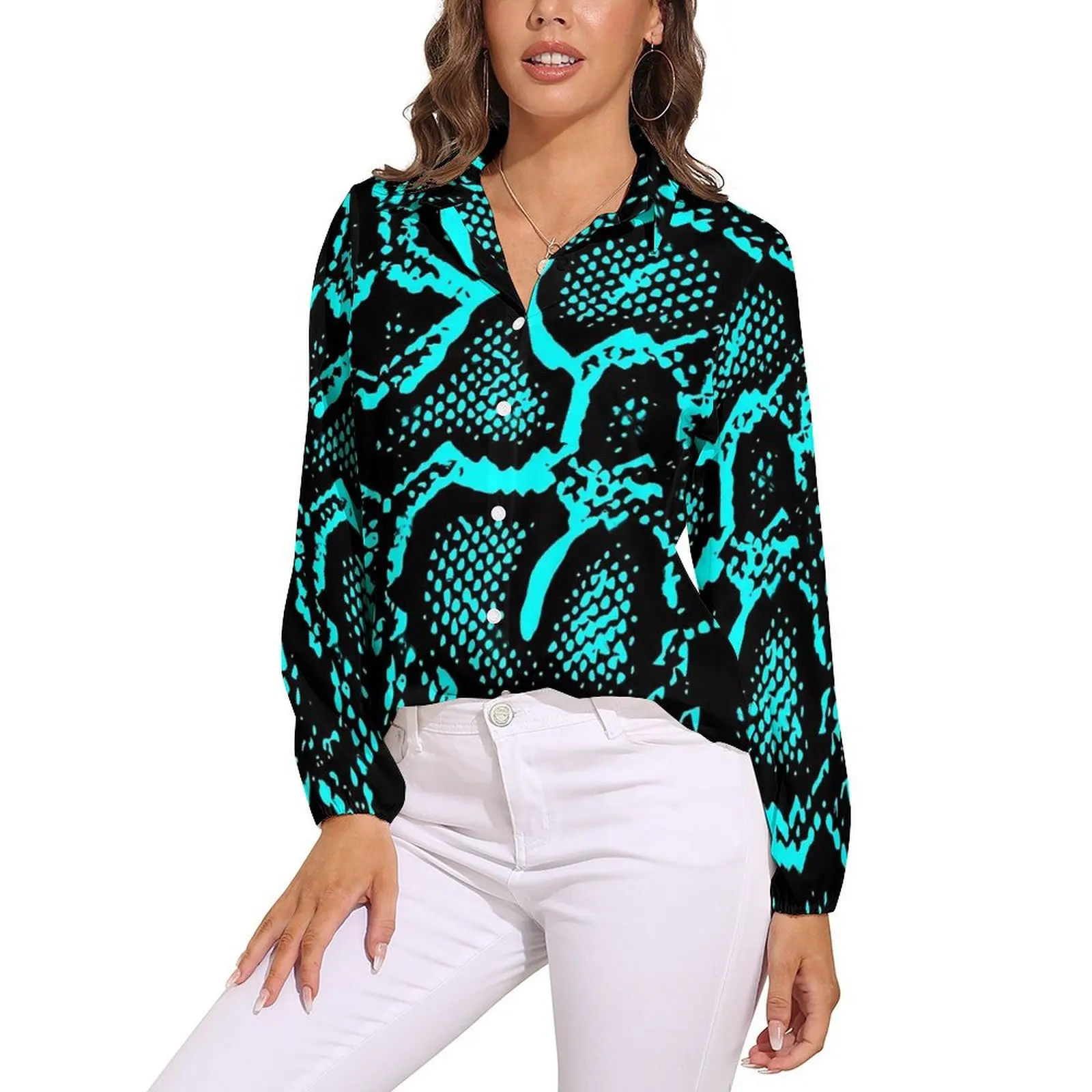 Blue Snakeskin Blouse Long-Sleeve Python Skin Print Vintage Blouses Female Classic Oversize Shirt Graphic Tops Birthday Gift