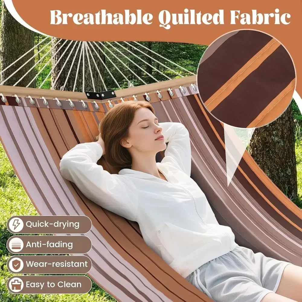 Durable 10.5T Outdoor Double Hammock with Curved Bars, Removable Pillow for 2, Ideal for Yard, Patio