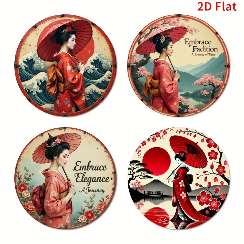 2D Flat Design, 4pcs in Set, Japanese Geisha Metal Circular Signboard, Rural- Style Kitchen Wall Art. Perfectly Retro for Home,