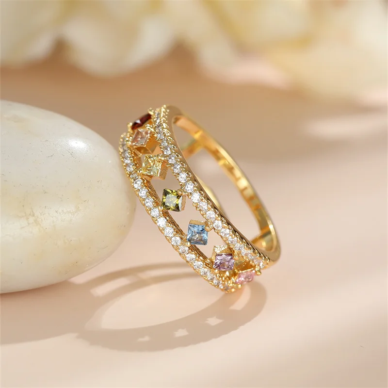 Dainty Square Zircon Engagement Ring Vintage Female Rainbow Crystal Stone Ring Antique Gold Color Hollow Wedding Rings For Women