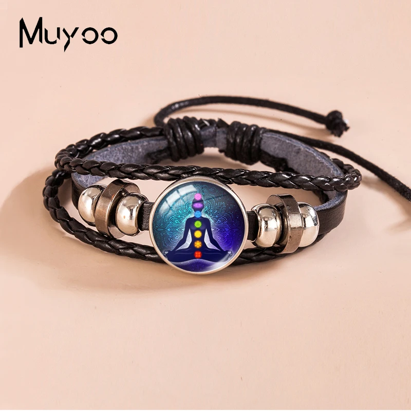 2023 New Arrival Fashion Chakra Reiki Buddha Yoga Meditation Spiritual Glass Dome Jewelry Handmade Black Leather Bracelets