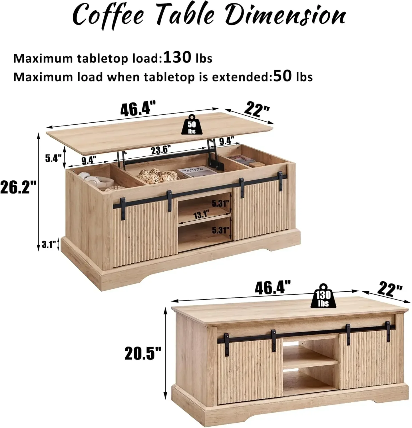 46" Fluted Lift Top Coffee Table with Sliding Door, Modern Center Table w/Adjustable Storage Shelf & Hidden Compartment,