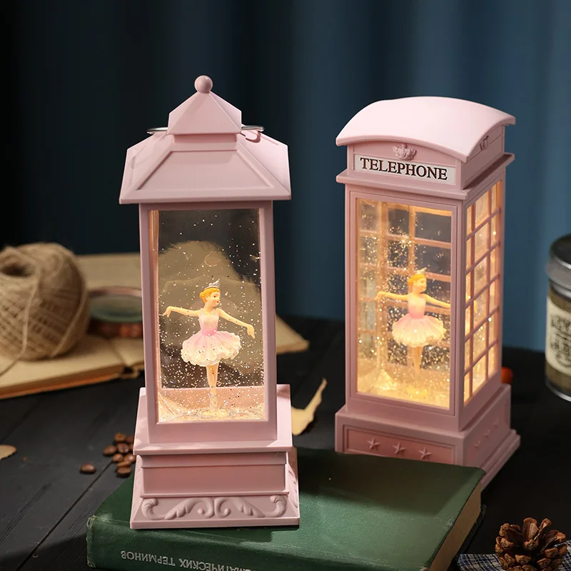 Pink Ballerina Snow Globe Music Box LED Light Up Lantern/Phone Booth Shape Rotating Ballet Wind Up Musical Box for GirlsBirthday